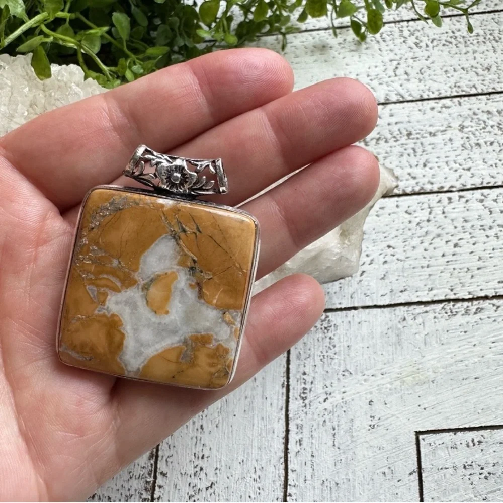Maligano Jasper Sterling Silver 925 Plated Square Pendant Orange Gray Quartz - Picture 5 of 6